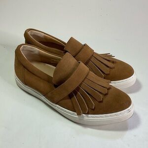 Anthropologie Suede Fringe Slip On Loafers Size 38